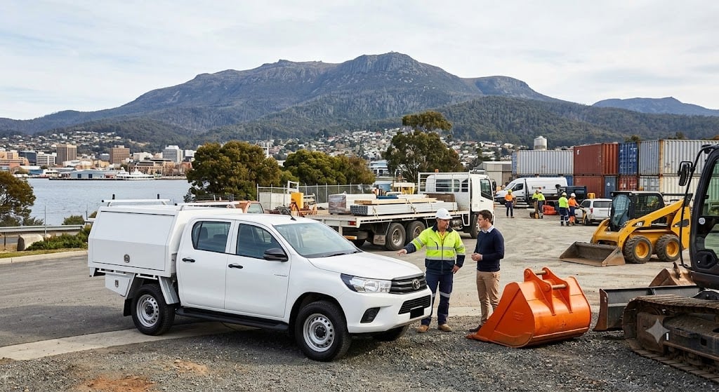 A commercial asset and equipment yard in Hobart, Tasmania, featuring a white trade dual-cab ute with a canopy, a yellow skid steer, and construction machinery parts. In the foreground, a business professional and a tradesman in high-visibility workwear converse on-site. The background showcases the Hobart waterfront and a clear, prominent view of Mount Wellington (Kunanyi), illustrating commercial vehicle and equipment finance options for local Tasmanian businesses.