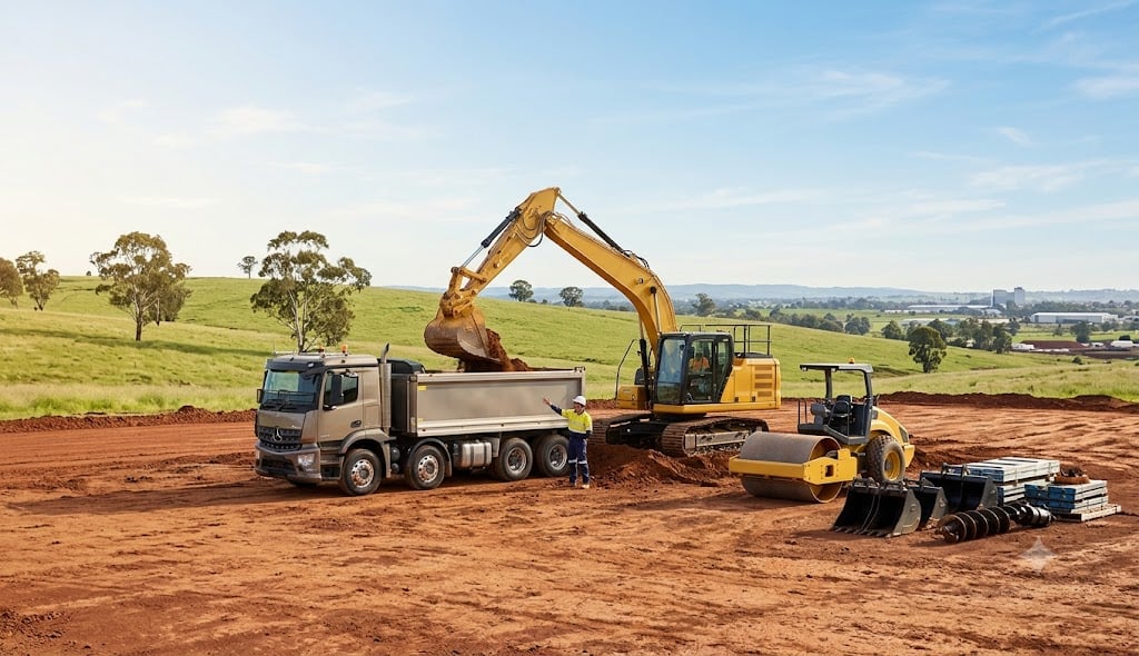 A photorealistic, wide landscape photograph of a bustling civil construction site set against the rolling green hills and distinctive red earth of the Darling Downs region in regional Australia. Under bright, natural daylight, a large yellow excavator is loading soil into the back of a modern grey tipper truck. Nearby, a yellow soil compactor roller sits parked next to various heavy machinery attachments, including buckets and an auger, laid neatly on the ground. A site operator wearing high-visibility workwear and a white hard hat stands beside the truck, gesturing towards the machinery. The atmosphere is clean, professional, and optimistic, capturing a trustworthy financial services theme without any text or logos.