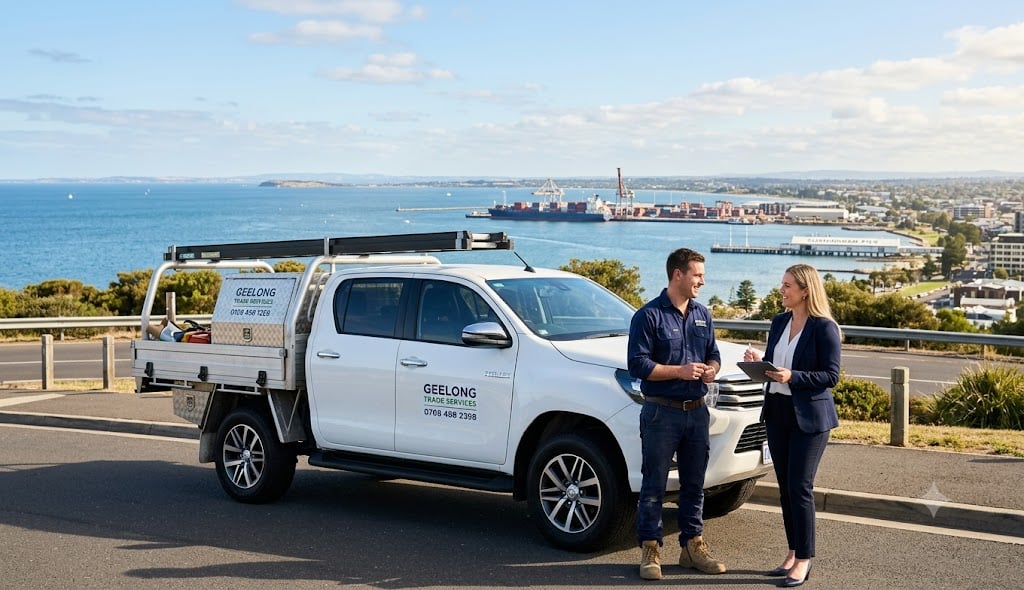 Finance broker discussing equipment leasing with a local Geelong tradesperson near Cunningham Pier.